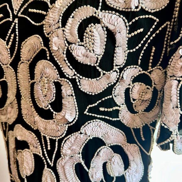 Vintage 1980s Black Silk Beaded Floral Top – Hand Beaded Sequin Evening Blouse - Picture 4 of 8